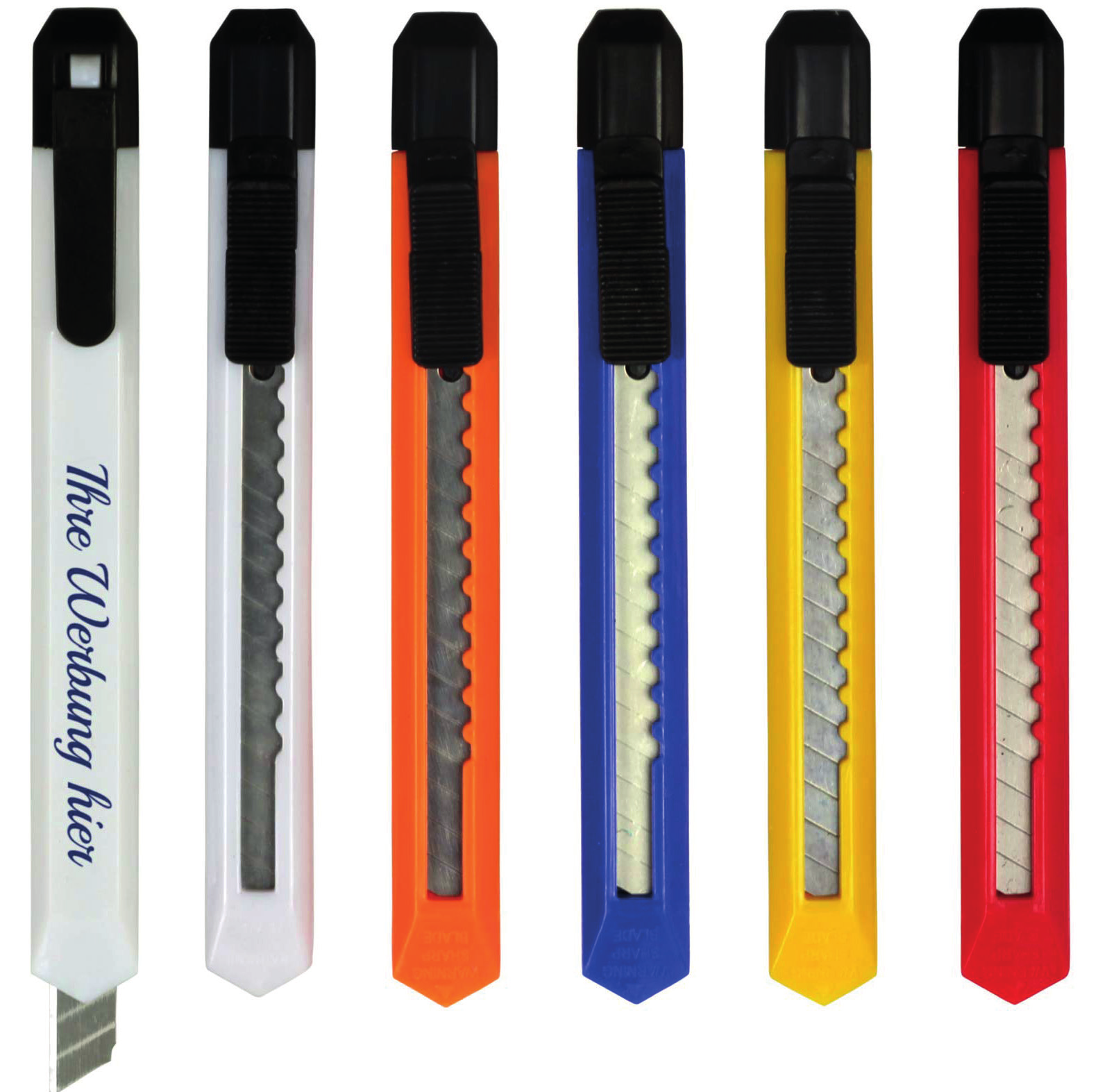 Die Papiermesser sind in 5 Farben lieferbar und werden einseitig 1-farbig bedruckt.