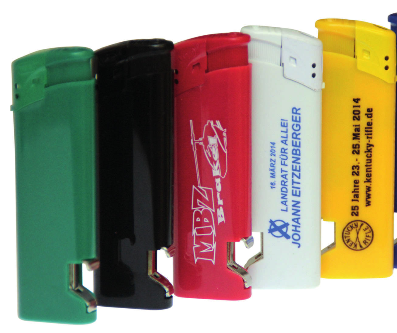 Tampondruck 1 farbig 100 Stück - 89 Euro zzgl. MwSt Elektronik-Feuerzeug mit Flaschenöffner Elektronik-Feuerzeug mit 1-farbigem Werbedruck nach Ihrem Motiv.