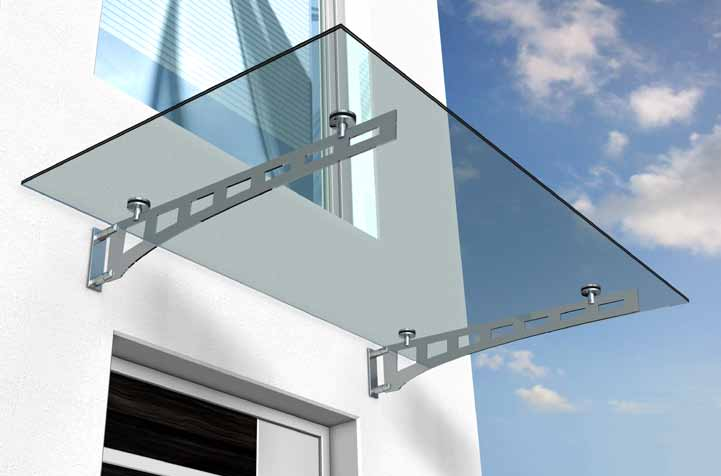 Vordachsystem Schwert Vordachsystem Schwert für Glasscheiben mit verstellbaren Haltern zum Ausgleich von Unebenheiten an Wänden Oberfläche: geschliffen K240 Befestigung: M12 für