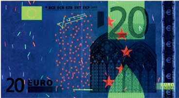 Mikroschrift UV-Merkmale (fluoreszierende Fasern und Druckfarben) MIKROSCHRIFT An einigen Stellen der Banknote können Sie winzige Schriftzeichen erkennen.