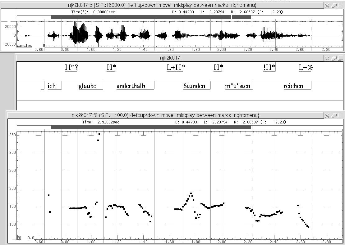 Der zweite Hochton des Verbkomplexes weist Downstep auf. Es wird in R- GToBI keine Extra-Notation wie H!