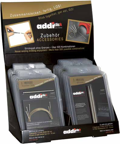 Display set with 2 packages each per size for 10 pairs of addi needle tips (3,5 10 mm/us 4 15), 3 addi gold cords (60 cm, 80 cm and 100 cm/24'', 32'' and 40'') and 1 connector.