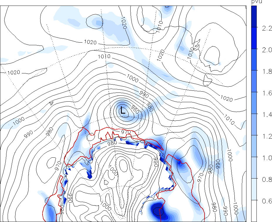 10: (a) & (b) Potentielle Vorticity in pvu mit der 80%-igen Eisbedeckung in rot und (c) & (d) potentielle Temperatur in K auf 850hPa mit