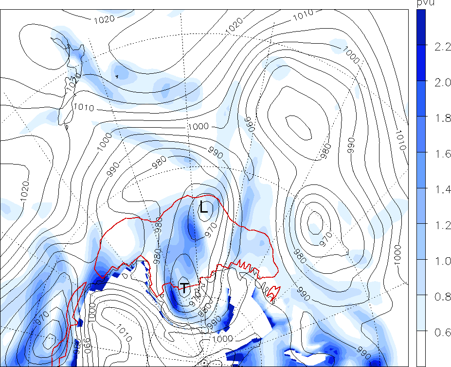 Bodendruckfeld in hpa. eine intensive stationäre Zyklone weiter südöstlich entstanden und spaltet sich nach etwa 24h in zwei Bündel auf (nicht dargestellt).