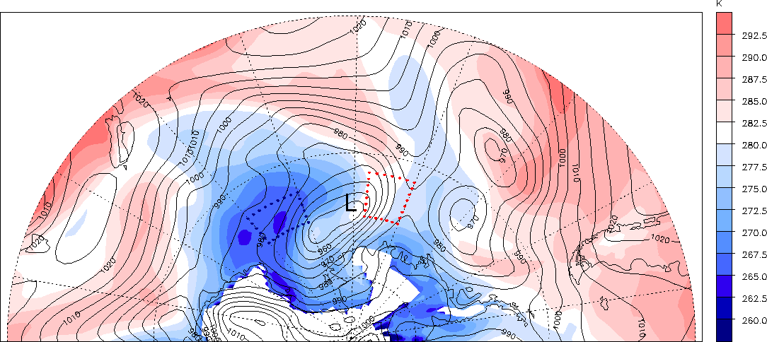 36 4.4 Die Luftströmungen am Rande des Eisschildes Abbildung 4.15: Die potentielle Temperatur in K auf 850hPa am 23.06.