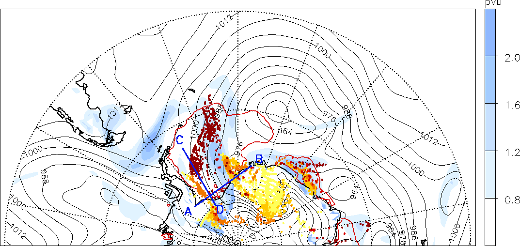 1998 um 00UTC und an den darauf folgenden Tagen ist zu erkennen, dass sich viele Luftpakete nahe der Küste befinden, bei etwa 50 W, und diese nach und nach den Kontinent über das Filchner-