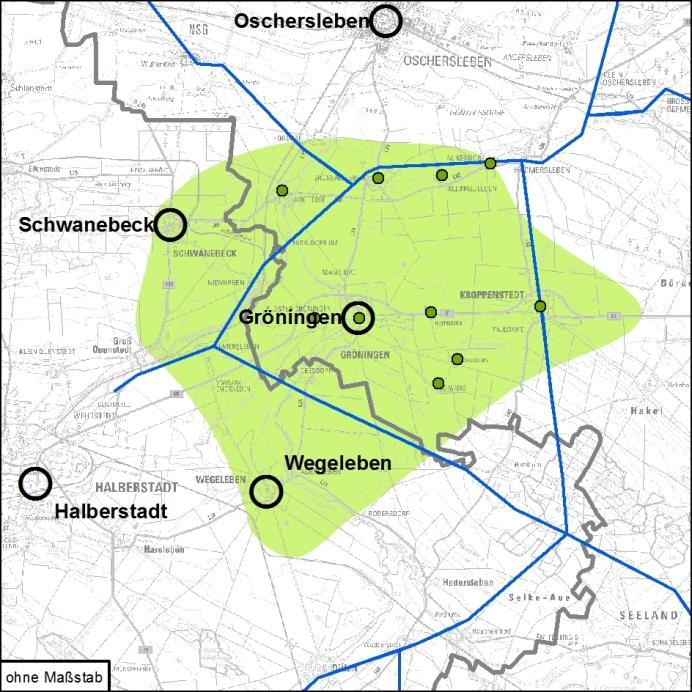Gröningen: Karte 14: Gröningen Alle Orte innerhalb des Einzugsbereiches erreichen innerhalb von 15 Minuten MIV den Zentralen