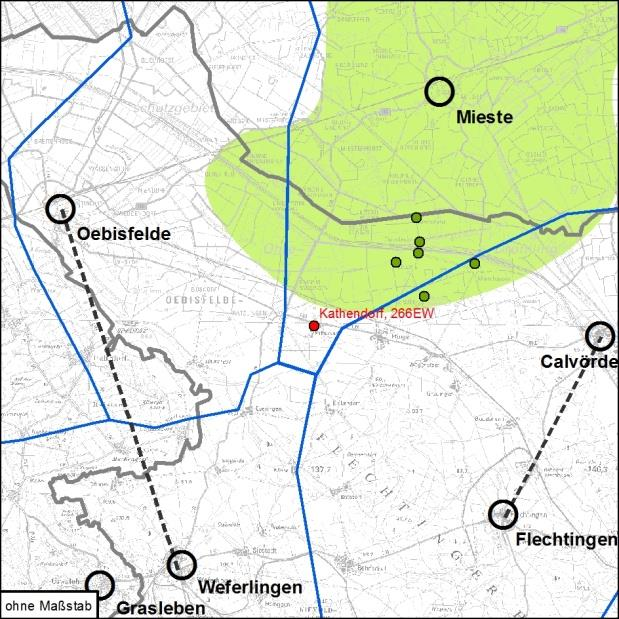 Karte 35: Mieste Die Bewohner von Kathendorf (266 Ew.) erreichen innerhalb von 30 Minuten mit dem ÖPNV Oebisfelde.