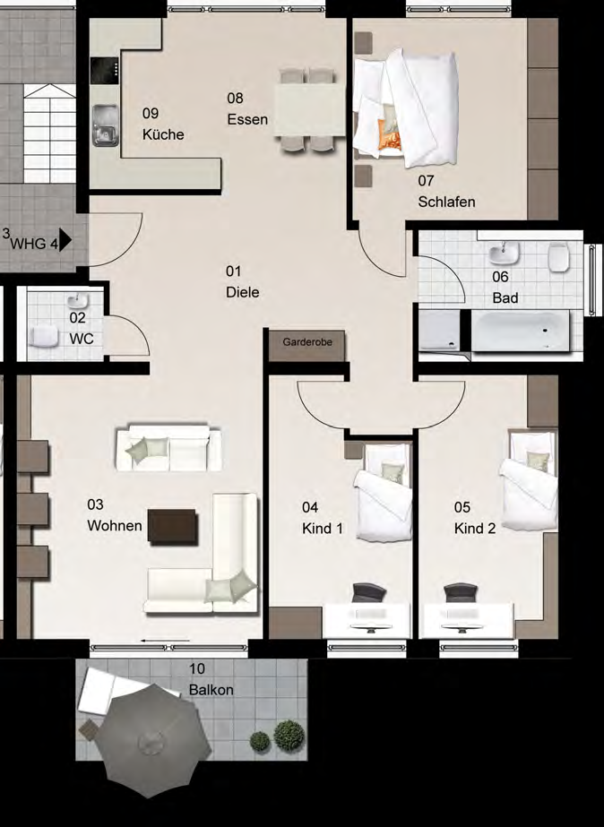 - Flur 1,66 m² - Kind 12,35 m² - Kind 12,70 m² -