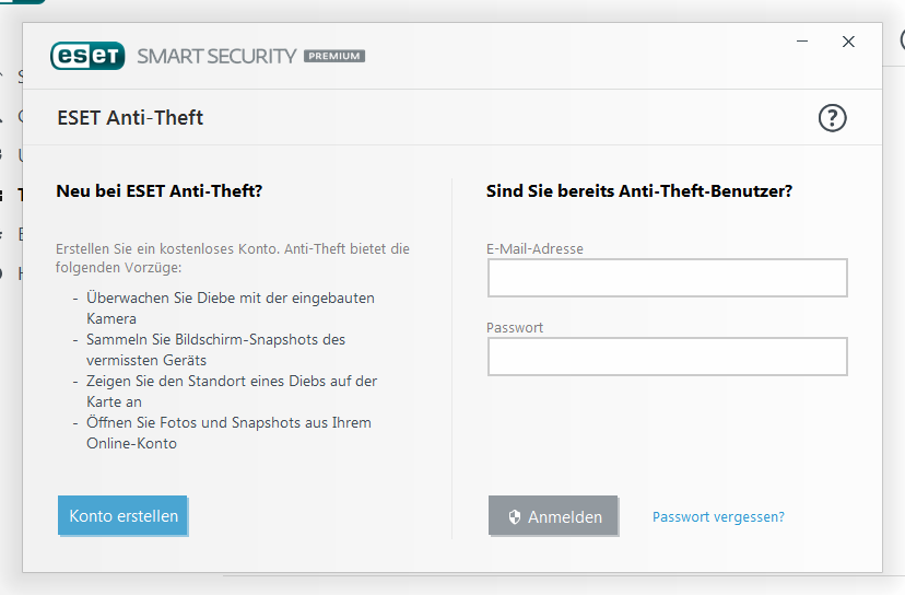 3.4 Anti-Theft Um Ihren Computer im Falles eines Verlusts oder Diebstahls zu schützen, können Sie ihn über eine der folgenden Optionen beim ESET Anti-Theft-System registrieren. 1.