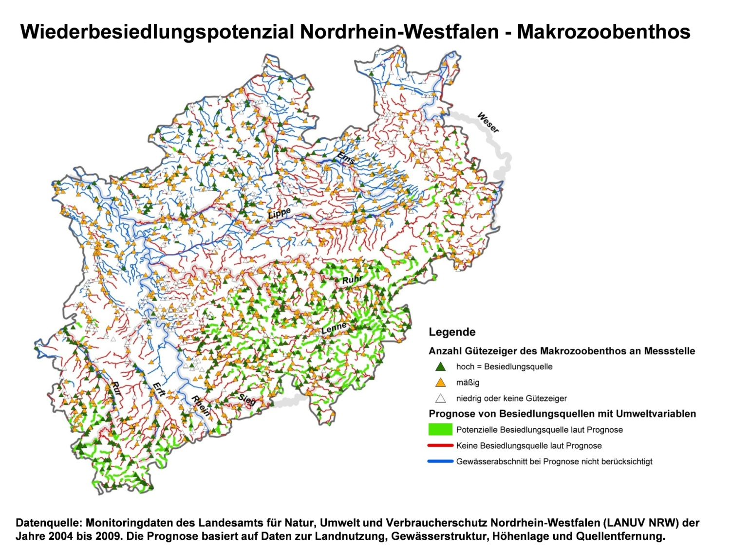 Abbildung 7.2: Wiederbesiedlungspotenzial des Makrozoobenthos in Nordrhein-Westfalen.