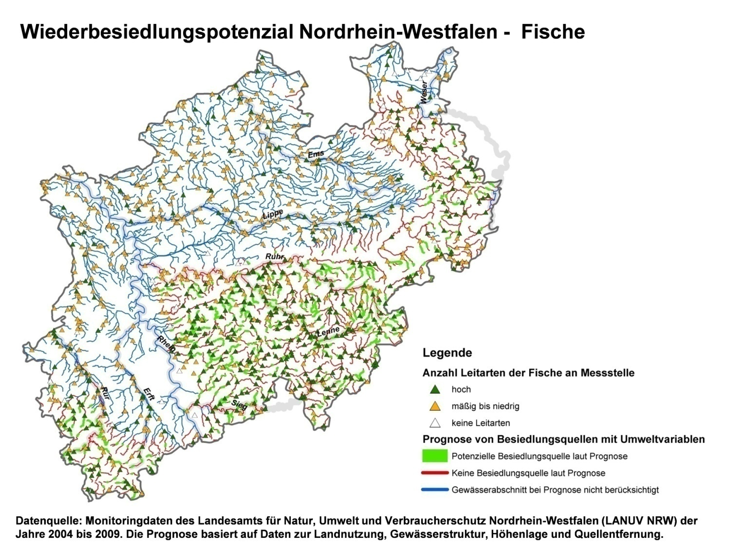 Abbildung 7.3: Wiederbesiedlungspotenzial der Fische in Nordrhein-Westfalen.