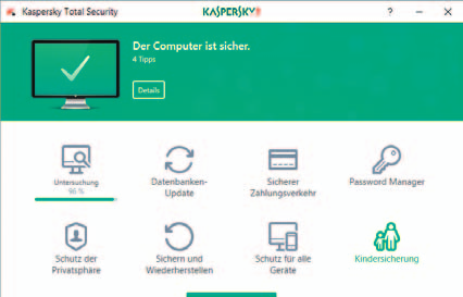 Die Oberfläche von Kaspersky Total Security zeigt zunächst nur einen Teil der vielen enthaltenen Module und Funktionen. Ein gutes Backup ist der beste Schutz gegen Ransomware.