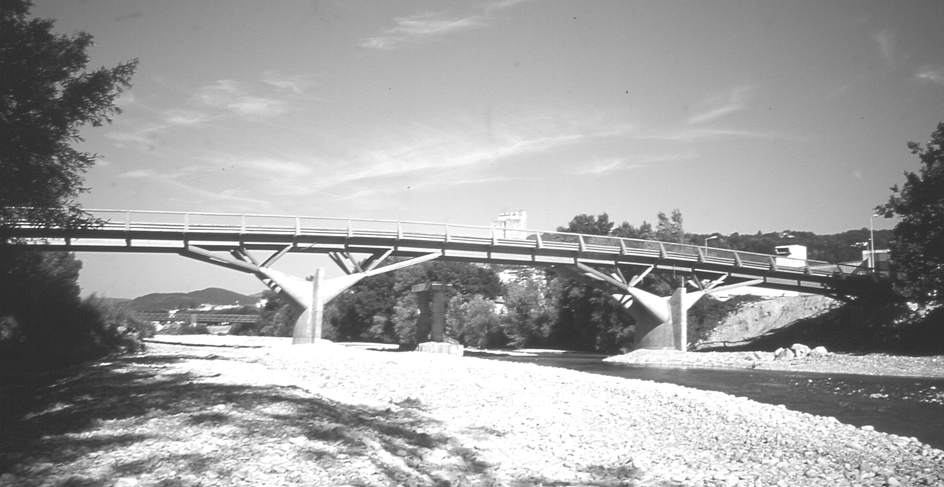 Abb. 2: Leichtverkehrsbrücke in Crest/F 2001 Bei Schwerverkehrsbrücken stößt die reine Holzkonstruktion jedoch auf gewisse Grenzen.