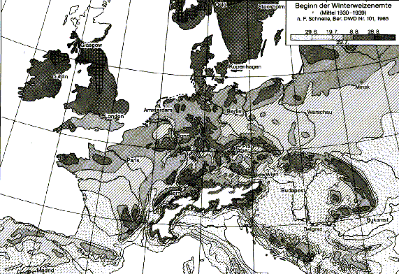 Abb. 4.2.1-6 (Schnelle 1965): Der Beginn der Winterweizenernte in Mitteleuropa (Mittel 1930-1939).