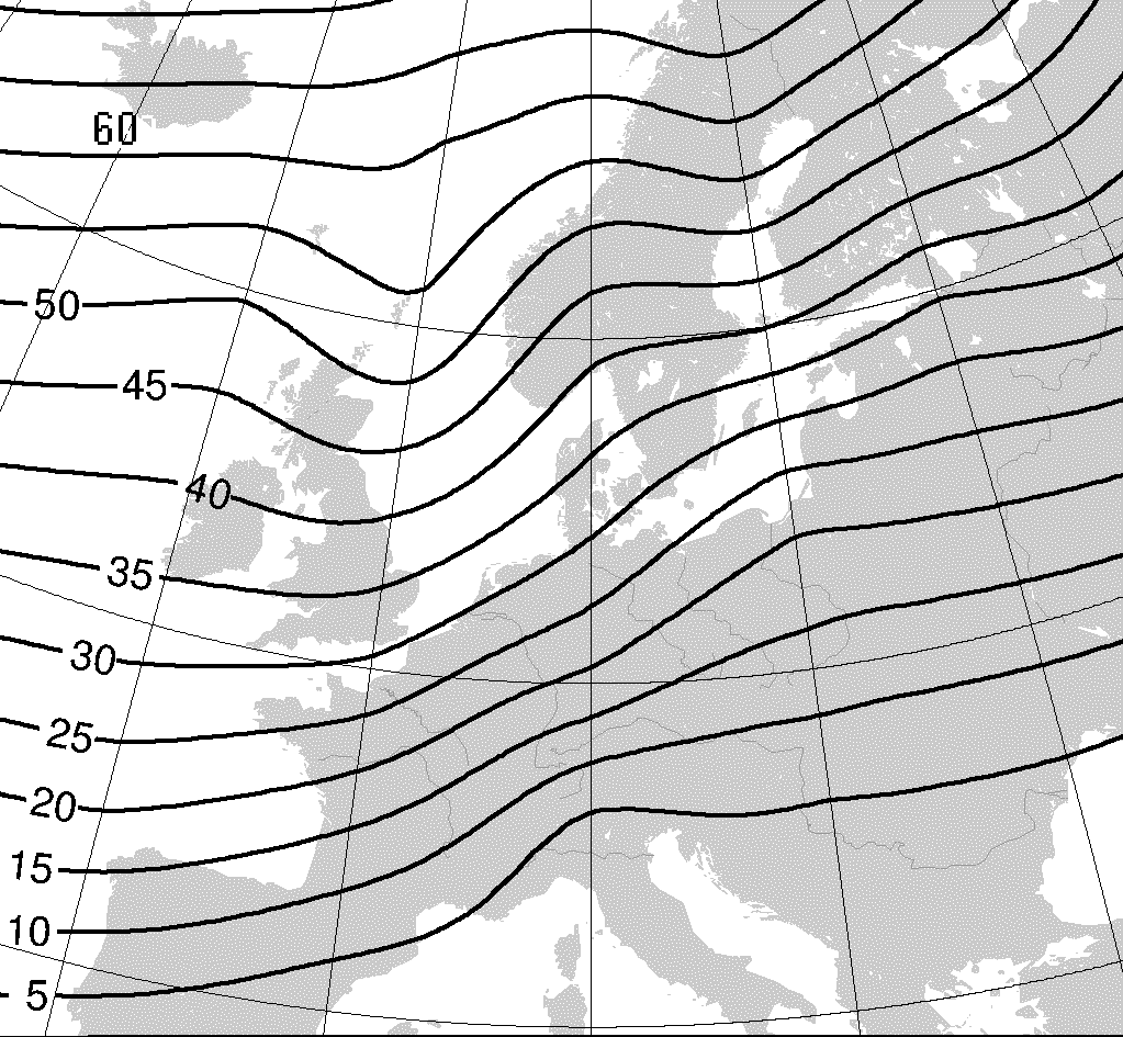 1-8: Durchschnittliche relative Häufigkeitsverteilung (%) auf 850 hpa von arktischen A- und subpolaren P-Luftmassen im März (links) und Mai