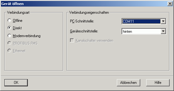 Als Verbindungsart wird Direkt über den COM-Port 11 (der dem Serial-Hub im Configtool zugewiesen wurde) gewählt.
