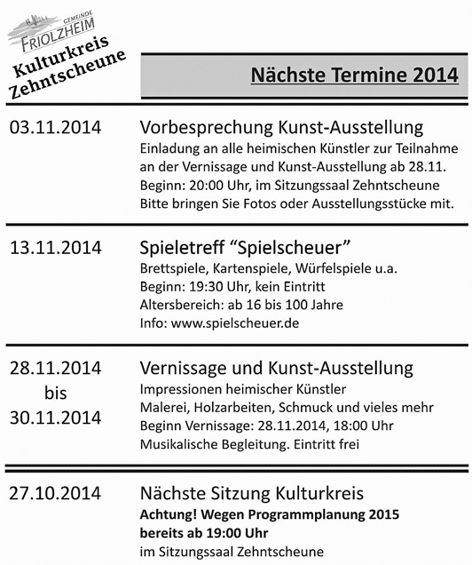Nr. 44. Donnerstag, 30. Oktober 2014 7 Kulturkreis Zehntscheune Parteien CDU Gemeindeverband Friolzheim Ärztemangel im ländlichen Raum Mittwoch, den 12.
