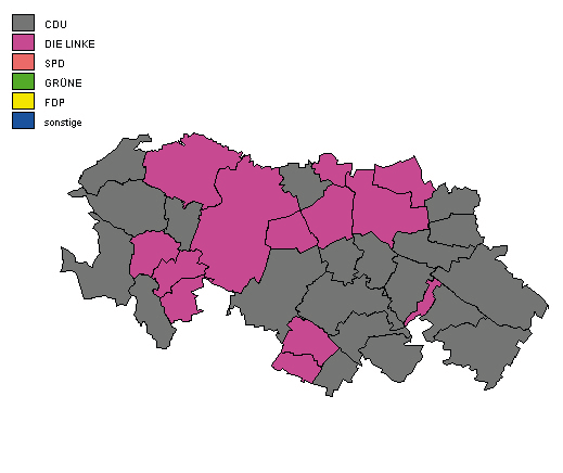 Wahlkreis 11 Kyffhäuserkreis II Die Landtagswahl 2009 im Wahlkreis Kyffhäuserkreis II Gewinnerpartei (Erststimme) nach Gemeinden CDU DIE LINKE SPD GRÜNE FDP sonstige Wahlergebnisse Wahlberechtigte 36