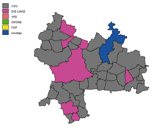 Wahlkreis 17 Sömmerda II Die Landtagswahl 2009 im Wahlkreis Sömmerda II Gewinnerpartei (Erststimme) nach Gemeinden CDU DIE LINKE SPD GRÜNE FDP sonstige Wahlergebnisse Wahlberechtigte 49 515 Wähler 27