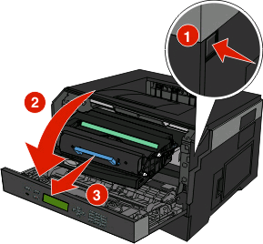 So tauschen Sie die Druckkassette aus: 1 Öffnen Sie die vordere Klappe des Druckers, indem Sie auf den Knopf auf der linken Seite des Druckers drücken und die Klappe herunterklappen.