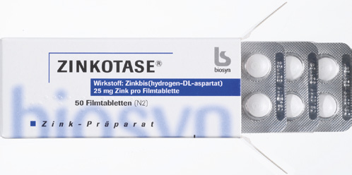 ZINKOTASE Wirkstoff: Zinkbis(hydrogen-DL-aspartat). 25 mg Zink pro Filmtablette. Anwendungsgebiete: Zinkmangelzustände, die ernährungsmäßig nicht behoben werden können.