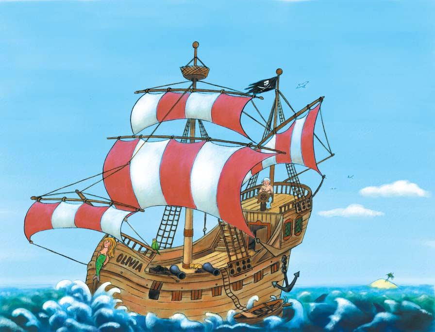 Das Piratenschiff Hier siehst du das stolze Piratenschiff. Finde zu jedem Satz die passende Bildnummer. Das Piratenschiff hat große Segel. Der Korb am großen Mast heißt bei den Piraten Krähennest.
