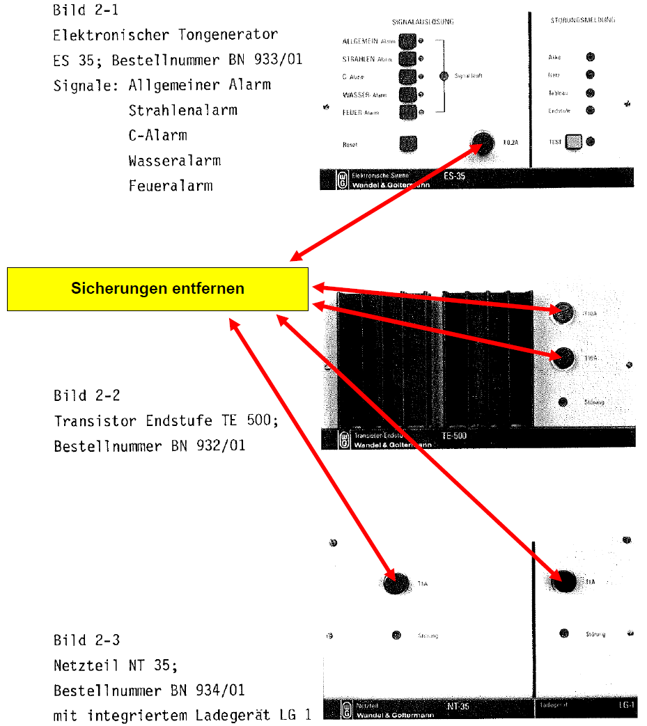 20 Notabschaltung Produkt Nanzer Typ ESA 35/2 5 Sicherungen entfernen (je 2x an Netzteil und
