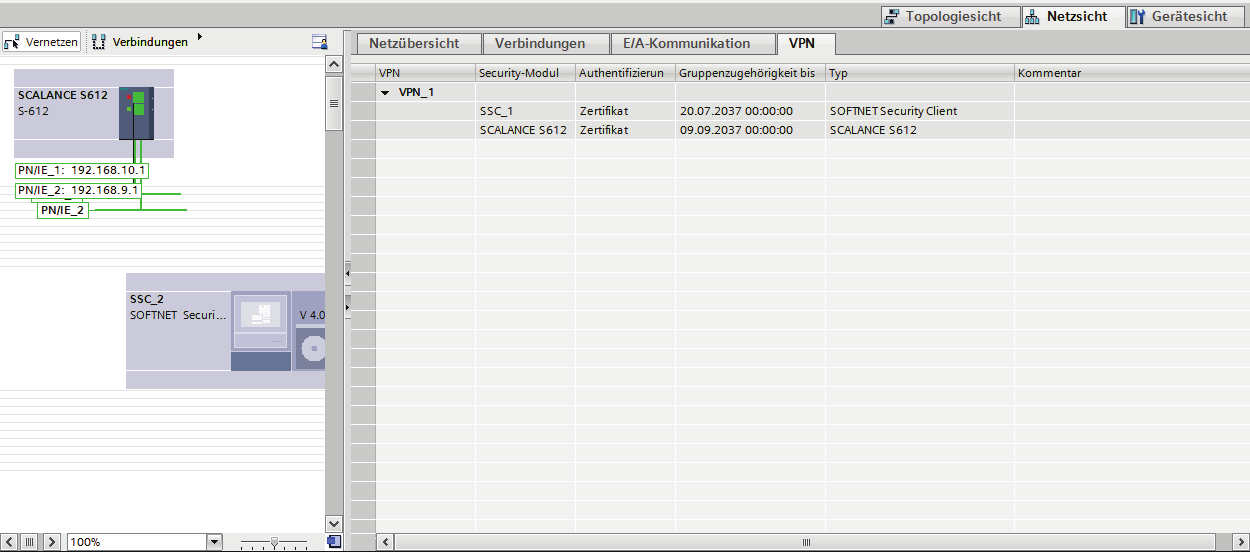 Um dies zu kontrollieren, öffnen Sie in der Netzsicht das Register "VPN". 7. Doppelklicken Sie in der Projektnavigation die angelegte VPN-Gruppe. 8.