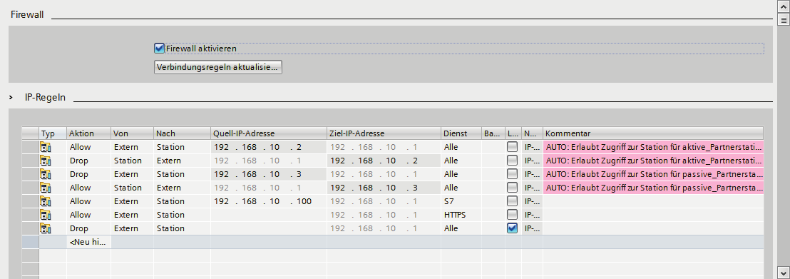 Firewall im Erweiterten Modus 4.2 Firewall-Regeln für Verbindungen 4.2.4 Verbindungs-Firewall-Regeln projektieren Gehen Sie so vor: 1.