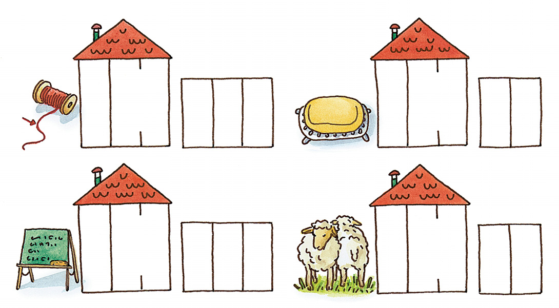 1. Im Klassengespräch alle Bildwörter klären: Faden, Seife, Tafel, Schafe (Folie
