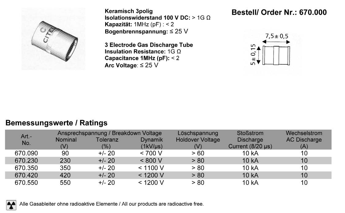 3 electrode Gasableiter No. 670.