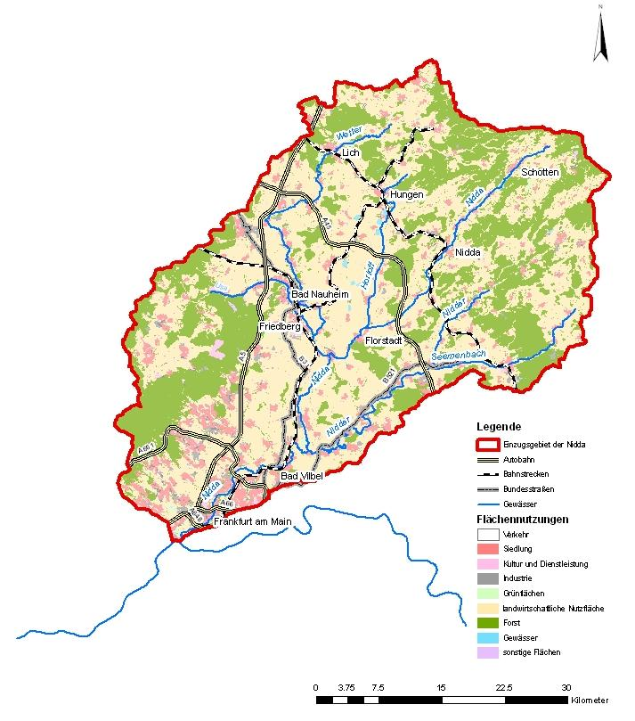 Hochwasserrisikomanagementplan Nidda Kapitel 2 Höhenlagen von Taunus und Vogelsberg werden die Strukturen ländlicher und die Bevölkerungsdichte nimmt ab. Abbildung 2.
