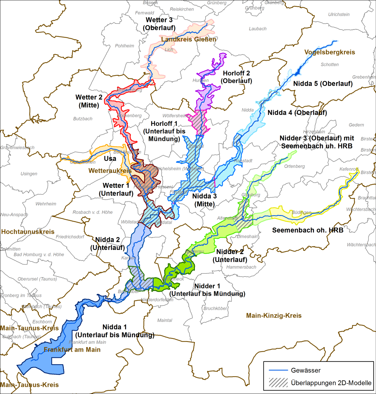 Hochwasserrisikomanagementplan Nidda Kapitel 4 Teilmodell Fläche in km² Anzahl Elemente (ca.) Anzahl Knoten (ca.) Nidder 2 (Mitte) 24,0 1.122.500 611.120 Nidder 3 mit Seemenbach uh. HRB 19,1 1.424.