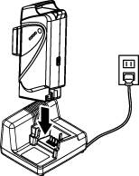 Stecker Akkuladegerät Herausnehmen des Akkus aus dem Ladegerät: Herunterziehen und Abnehmen, dabei muss das Ladegerät gehalten werden.