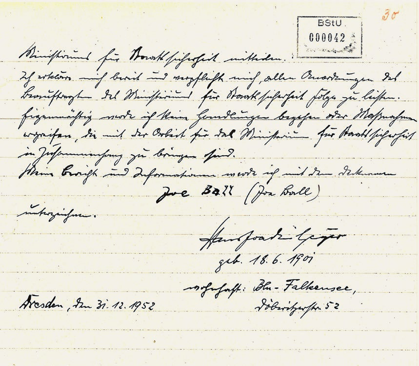 Verpflichtungserklärung von Hans-Joachim Geyer vom 31. Dezember 1952.