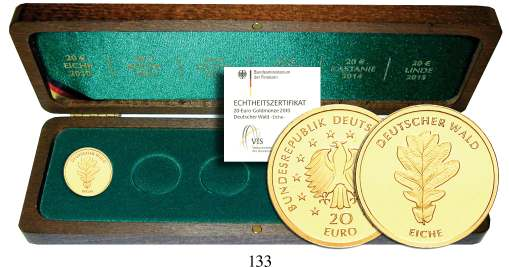137 20 Euro 2011, A. Der Deutsche Wald, Buche. 1/8 Unze. Gold. 3,89 g fein. 138 20 Euro 2011, ADFGJ komplett.