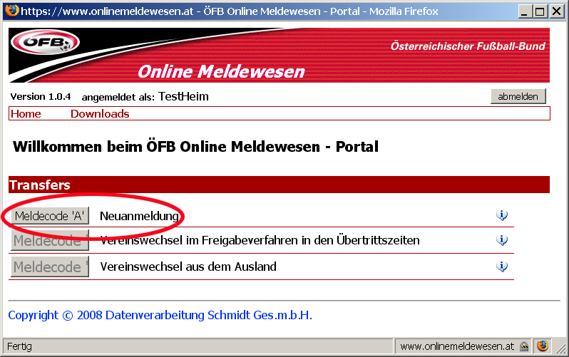 Nach erfolgreicher Eingabe von Benutzernamen und Passwort befindet man sich am ÖFB Online Meldewesen-Portal.
