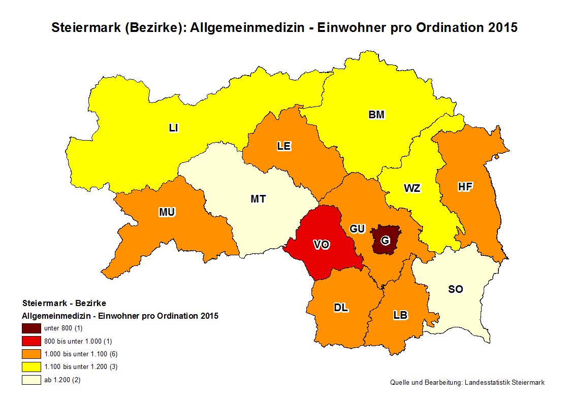 Steirische Statistiken, Heft 11/2015 30 Niedergelassene Ärzte in der Steiermark 2015 Dementsprechend weist Graz mit 669 Einwohnern je Praktikerordination die beste Quote auf.