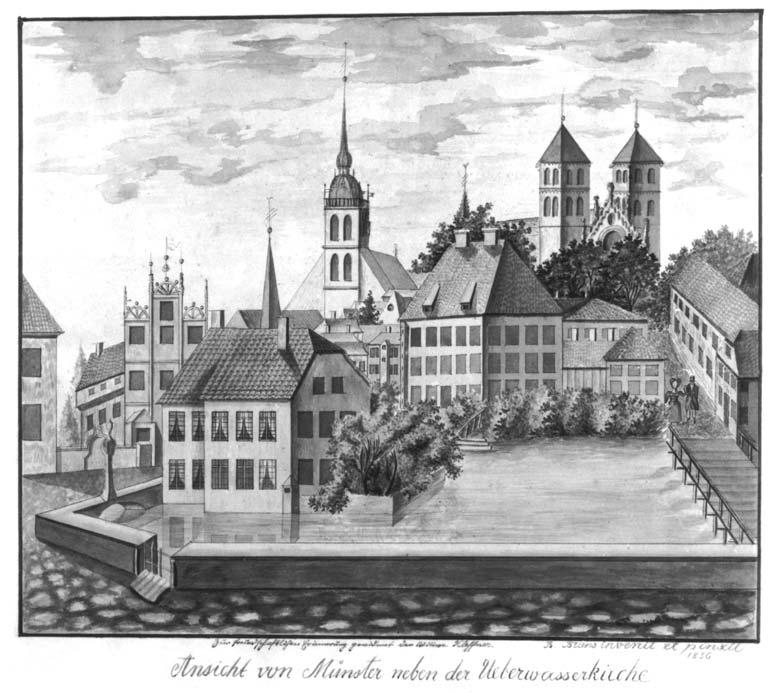1062 5. Dokumentation Abbildung 5.203: B. Bruns, Ansicht von Münster neben der Ueberwasserkirche, 1836. Dargestellt ist der Mühlenteich der Steinbrückenmühle, welche links, außerhalb des Bilds, lag.