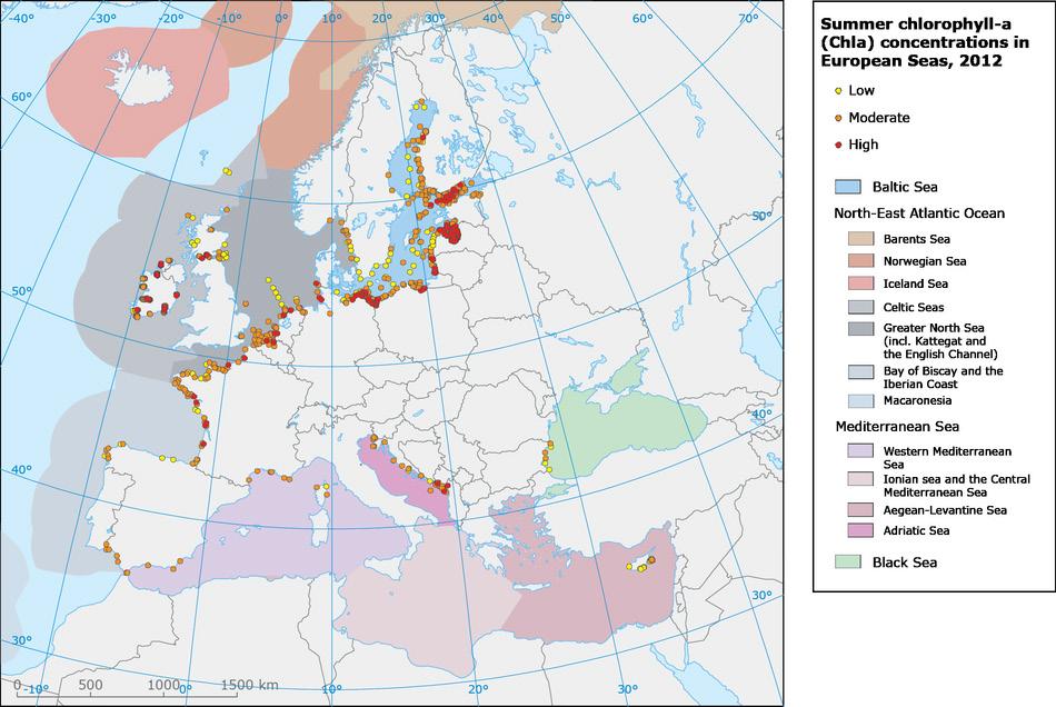Abbildung 1.1: Übersicht über den Eutrophierungszustand der Übergangs- und Küstengewässer in der EU.