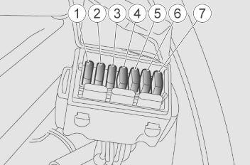 DORSODURO 1200 ABS - ATC Elektrische Anlage Sicherungen ZUSATZSICHERUNGEN (vordere, linke Seite, oberhalb Wasserkühler) 1 - Relais Beleuchtungs-Logik, Relais Recovery- Logik, Bremslicht, Hupe,