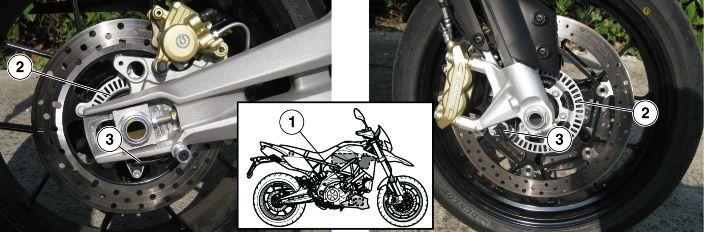 DORSODURO 1200 ABS - ATC Bremsanlage Wenn die Sensoren (3) einen beträchtlichen Unterschied zwischen der Geschwindigkeit des Vorderrads und der Hinterrads erfassen (zum Beispiel beim Fahren auf nur