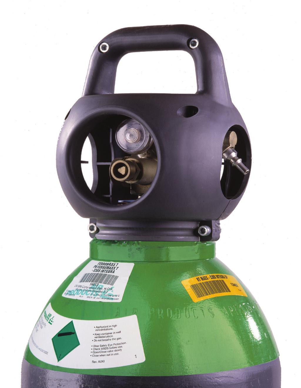 Integra -Schutzgasflasche Ventilschutz Die Schutzkappe beugt Schäden am integrierten Druckminderer vor. Übertrifft die Anforderungen nach EN ISO 11117.