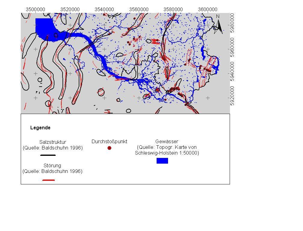 Abb. F.7 zeigt den Flußverlauf der Elbe, sowie Salzstrukturen, tektonische Störungen und projizierte oberflächennahe Störungen.