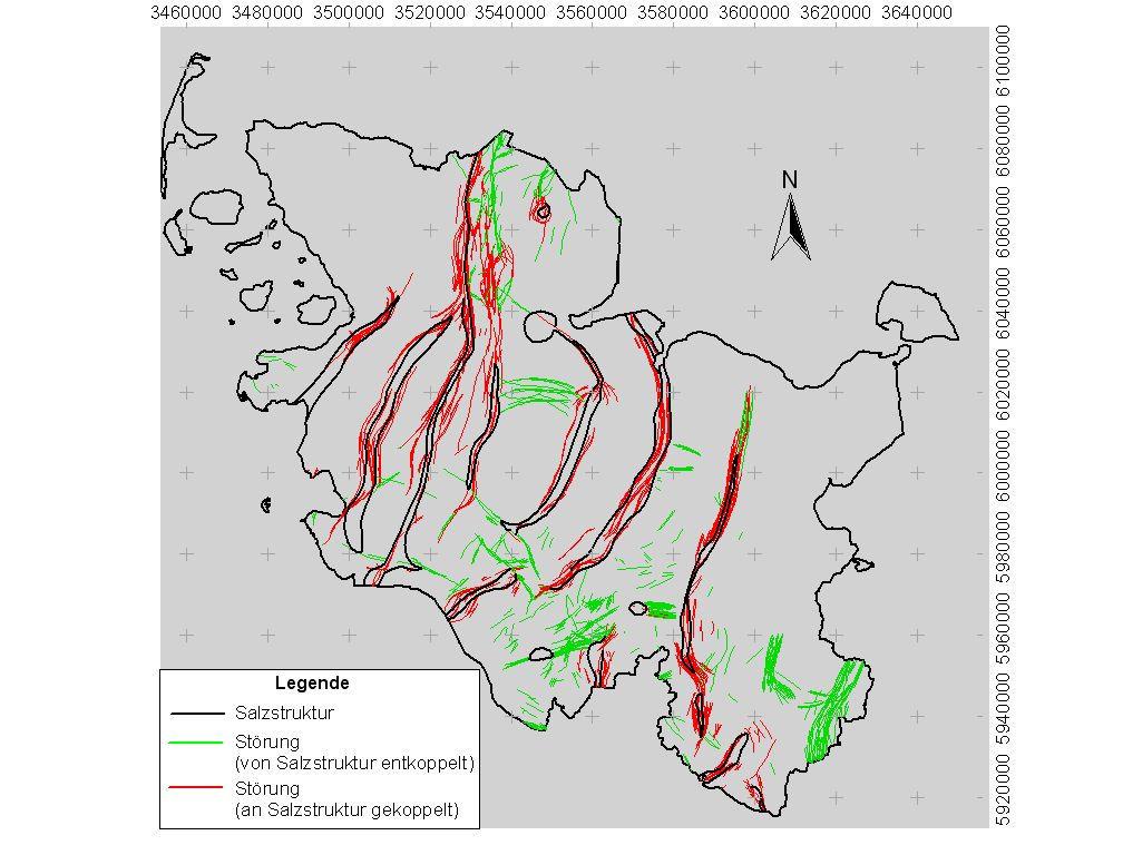 C.2. Tektonische Störungen Der Geotektonische Atlas von NW-Deutschland weist für das Projektgebiet von der Basis Zechstein bis zur Basis Mittelmiozän insgesamt 1835, überwiegend SSW-NNE orientierte,