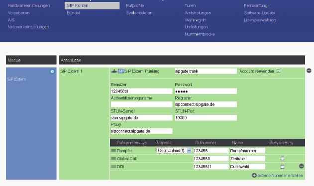 SIP-Trunk an ES-Systemen 2/2 Konfigurieren Sie Ihren SIP-Extern Zugang auf "SIP Extern Trunking" (wiederholen Sie den Vorgang bei der Verwendung von mehreren SIP Zugängen).