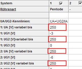 Pentode als Triode oder Ultraliniearmode: (ab Software 8.1.0.0) Seite 3 Mit dem rot markierten Button können die Parameter Ua und Ug2 gleichzeitig variabel gemacht werden.