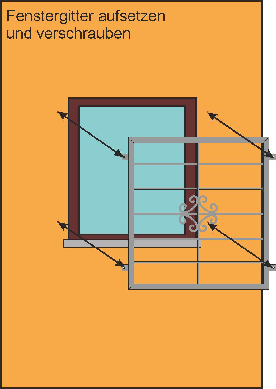 3. Gitter verschrauben Als nächstes wird das Kellerfenstergitter mit den Befestigungslaschen über die Dübel in die richtige Position an die Wand gehalten.
