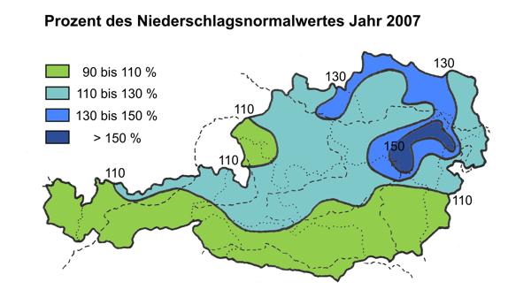 Alpennordrand treten gegenüber dem österreichischen Mittel erhöhte Niederschlagsmengen auf. Dies begründet sich durch luvseitige Staueffekte bei nordwest- bis nordöstlicher Anströmung.